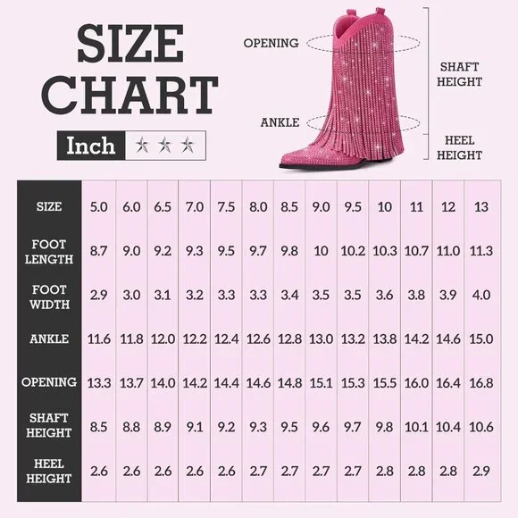 〽️Women's Pink Fringe Cowboy for Mid Calf Cowgirl Pointed Toe Chunky Heel Boots - Picture 5 of 6